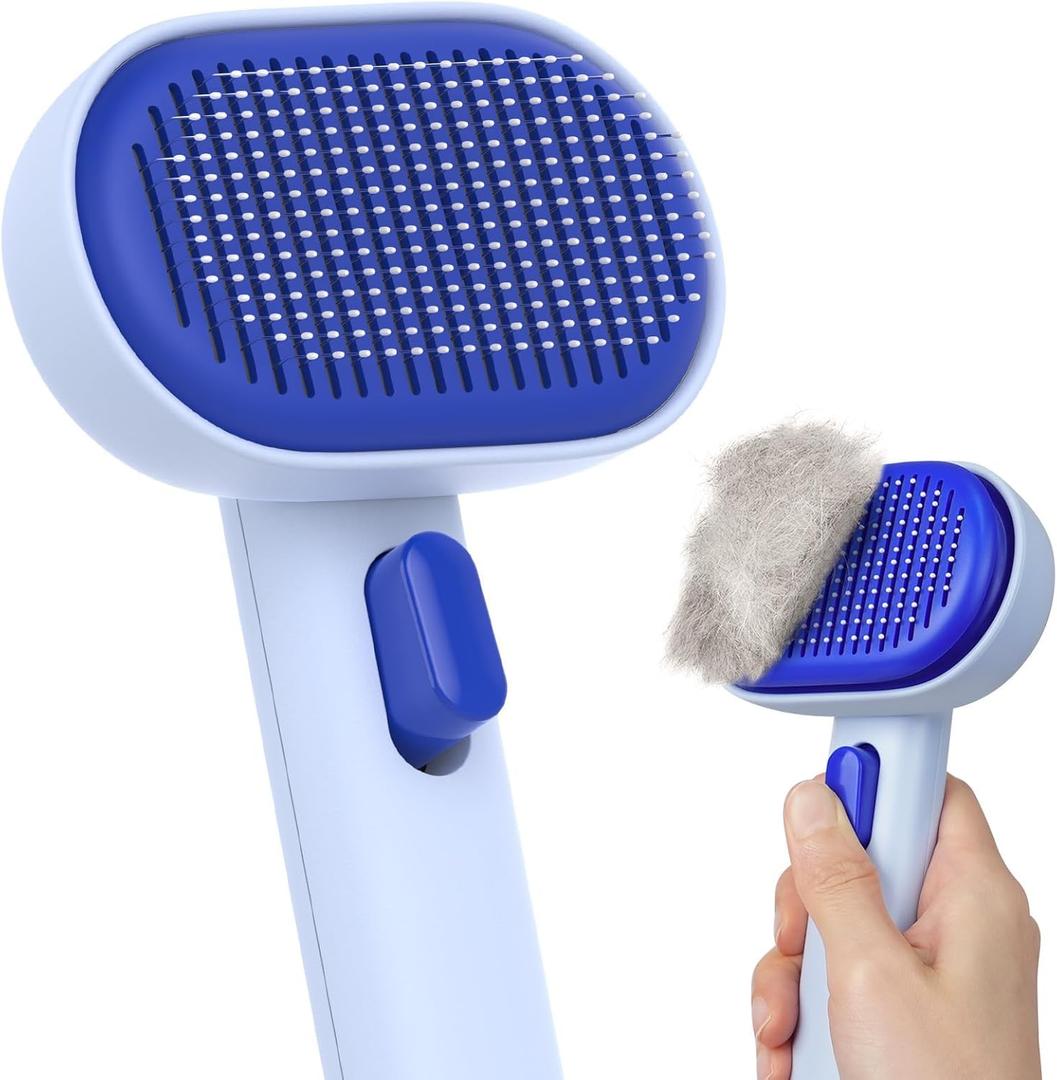 aumuca Skin Friendly Self-Cleaning Slicker Brush for Dogs & Cats, Gentle Pet Grooming Tool for Shedding & Deshedding, Efficient Hair Remover for Long & Short Haired Pets (Blue)
