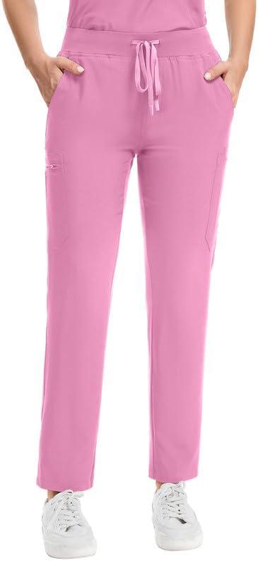 Kitmaz Scrub Pants for Women, Mid Rise Stretch Anti-Wrinkle Skinny Straight Leg Cargo Pants with Yoga Waistband & 10 Pockets M