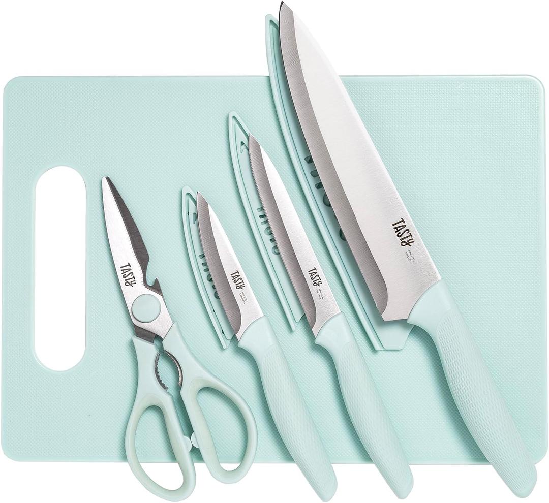 Tasty 5-Piece Cutlery & Cutting Board Set, High-Carbon Stainless Steel Knives with Soft Grip Handles, Reversible Cutting Board for Chopping & Serving, Aqua