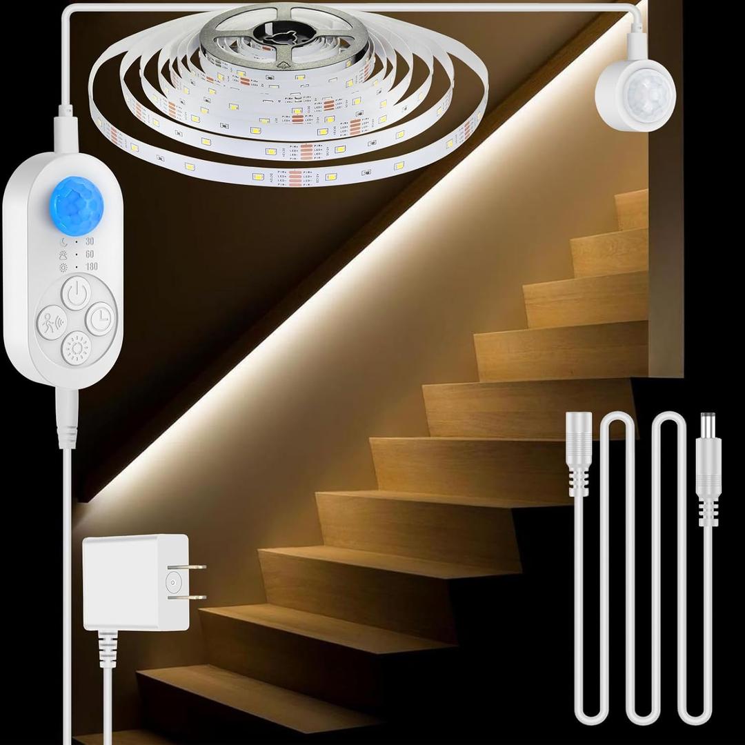 Dual Motion Sensor Light Indoor - Plug-in Adjustable LED Step Stair Light Strip with Double Sensor Detection, Timer & Dimmer for Staircase, Hallway, Bedroom (16.4FT 3000K Warm White)