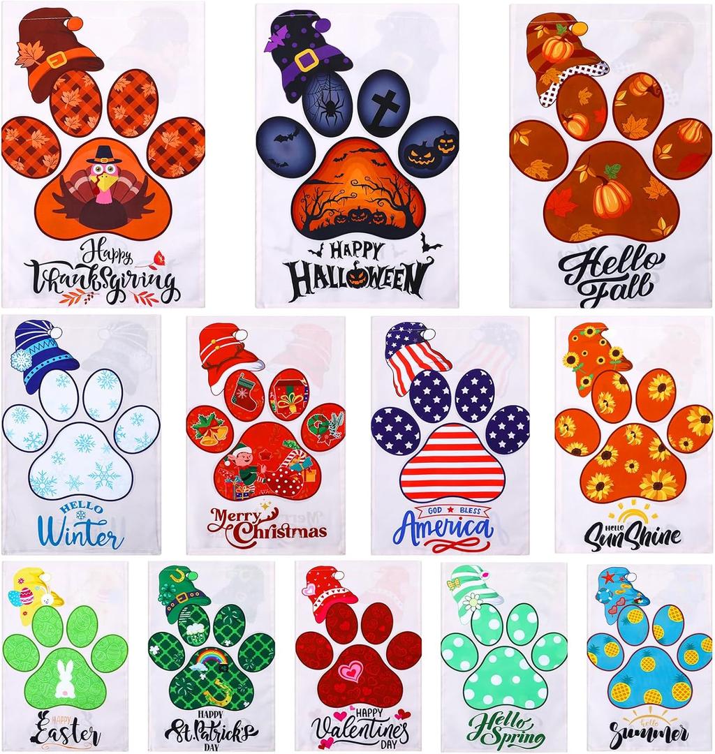 12 Pcs Seasonal Garden Flag Set 12 x 18 Inch Dog Paw Holiday Summer for Outside Decor Small Yard Flags for the Entire Year Double Sided Yard Flag for Halloween Christmas Thanksgiving St Patricks Day