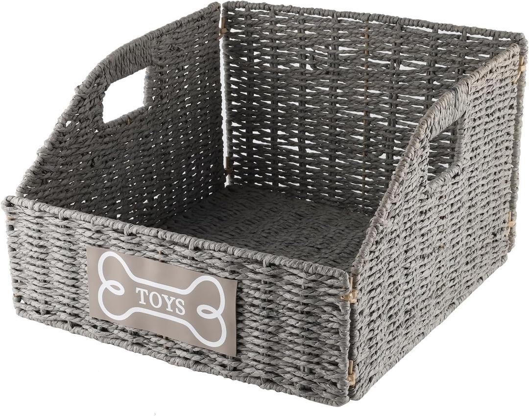 Geyecete Dog Toy Basket - Wicker Baskets for Organizing Pet Toys, Grey, Rectangular, Paper Rope, Rustic