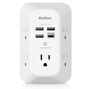 Addtam USB Wall Charger Surge Protector 5 Outlet Extender with 4 USB Charging Ports (1 USB C Outlet) 3 Sided 1800J Power Strip Multi Plug Outlets Wall Adapter Spaced for Home Travel Office ETL Listed