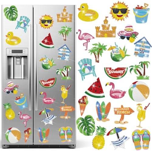 Tellegloww 24 Pcs Summer Refrigerator Diamond Painting Magnets Sea Beach Diamond Painting Kits Tropical Hawaiian Art Magnet Stickers