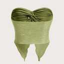 Meladyan Woman Twist Knot Front Split Embroidery Lace Crop Tube Tops Ruched Sheer Mesh Strapless Solid Crop Bandeau Tank Top Green