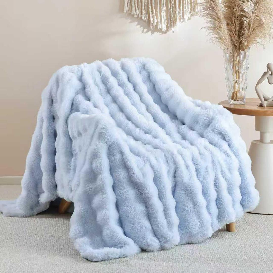 Smoofy Faux Fur Throw Blanket for Couch Rabbit Fleece - Light Blue Fluffy Blanket for Sofa Bedroom Living Room, Cozy Soft Plush Luxury Thick Winter Fuzzy Comfy Bubble Blanket - 60" x 80"
