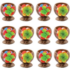 Fun Express Coconut Cups for Party 12 Pack - Natural Coconut Shell Cups with Colorful Flowers | Hawaiian Luau Party Supplies & Tiki Party Decorations | Tropical Theme Favor Holders for Candy Buffet