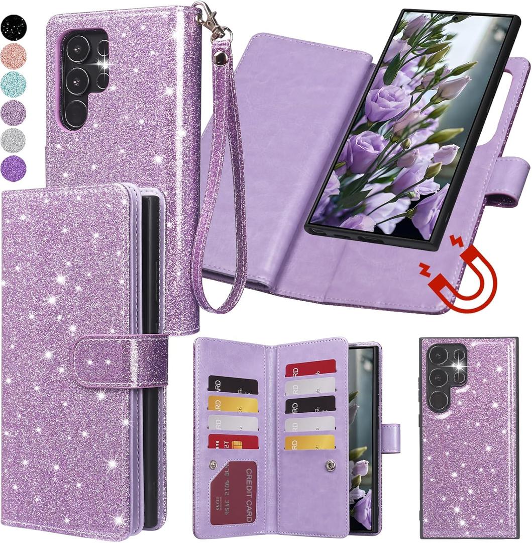 Varikke for Galaxy S22 Ultra Wallet Case Detachable with Card Holder for Women, Glitter Leather Strap Magnetic Flip Wallet Removable Phone Case Cover for Samsung Galaxy S22 Ultra 5G 6.8", Light Purple