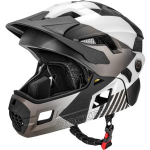 ROCKBROS Kids Bike Helmet Adjustable Detachable Full Face Bike Helmet for Children Bicycle, Skateboard, Scooter, Protective Gear (Small, Silver Black White)