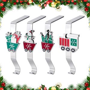 Christmas Stocking Holders for Mantles Set of 4, Colorful Stocking Hangers for Fireplaces, 4 Pack Non-Slip Stocking Hooks for Mantle, Train, Snowman, Tree, Gift Hook for Christmas Party Decorations