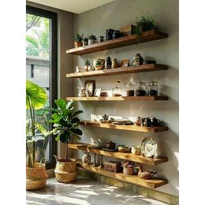 ROGMARS 36 Inches Long Walnut Floating Shelves | Rustic Solid Wood Farmhouse Wall Shelves with Invisible Brackets for Bathroom, Living Room, Bedroom, Kitchen Set of 6