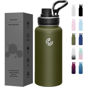 Sports Water Bottle 32oz, Insulated Water Bottle with Handle,Stainless Steel,Simple Modern,Suitable for Travel, School, Boy, Girl(Army Green)