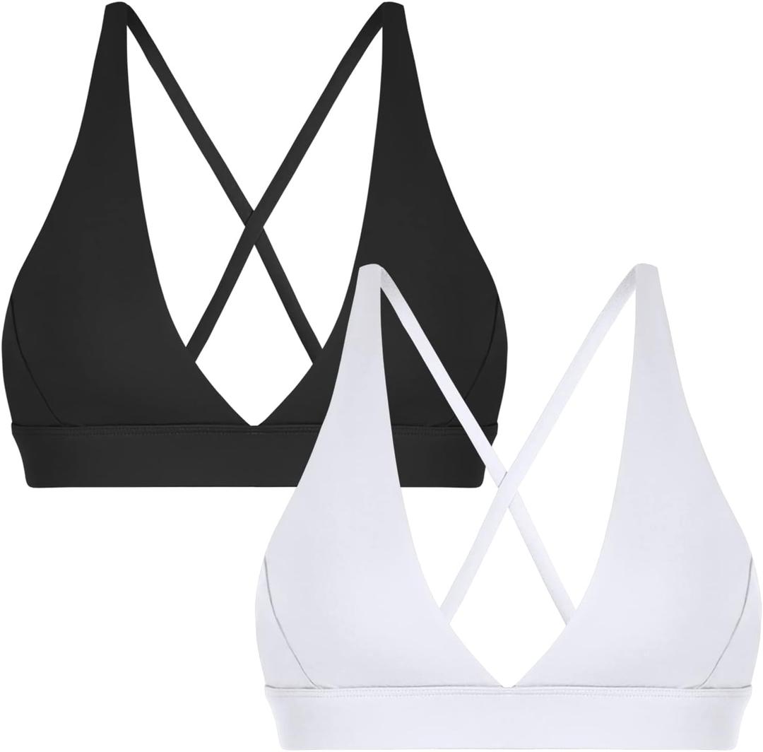 INIBUD Sports Bra for Women Push Up Strappy Workout Top Padded Deep V-Neck Triangle Bralettes with Support Gym (Large, Black & White)