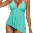 RXRXCOCO Mesh Halter Tankini Swimsuits for Women Tummy Control Swimsuit Asymmetrical Flowy High Waisted Bathing Suits (S)