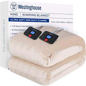 Westinghouse Electric Blanket Queen Size, Super Cozy Soft Flannel 84"" x 90"" Heated Blanket with 10 Fast Heating Levels & 112 AutoOff, Machine Washable, ETL&FCC Certification, Beige
