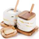 Dicunoy 2 Pack Ceramic Sugar Bowl with Lids and Spoons, Salt and Sugar Container, White Porcelain Sugar Coffee Container, Condiment Spice Pots with Wooden Tray for Bar Table, Kitchen, Countertop