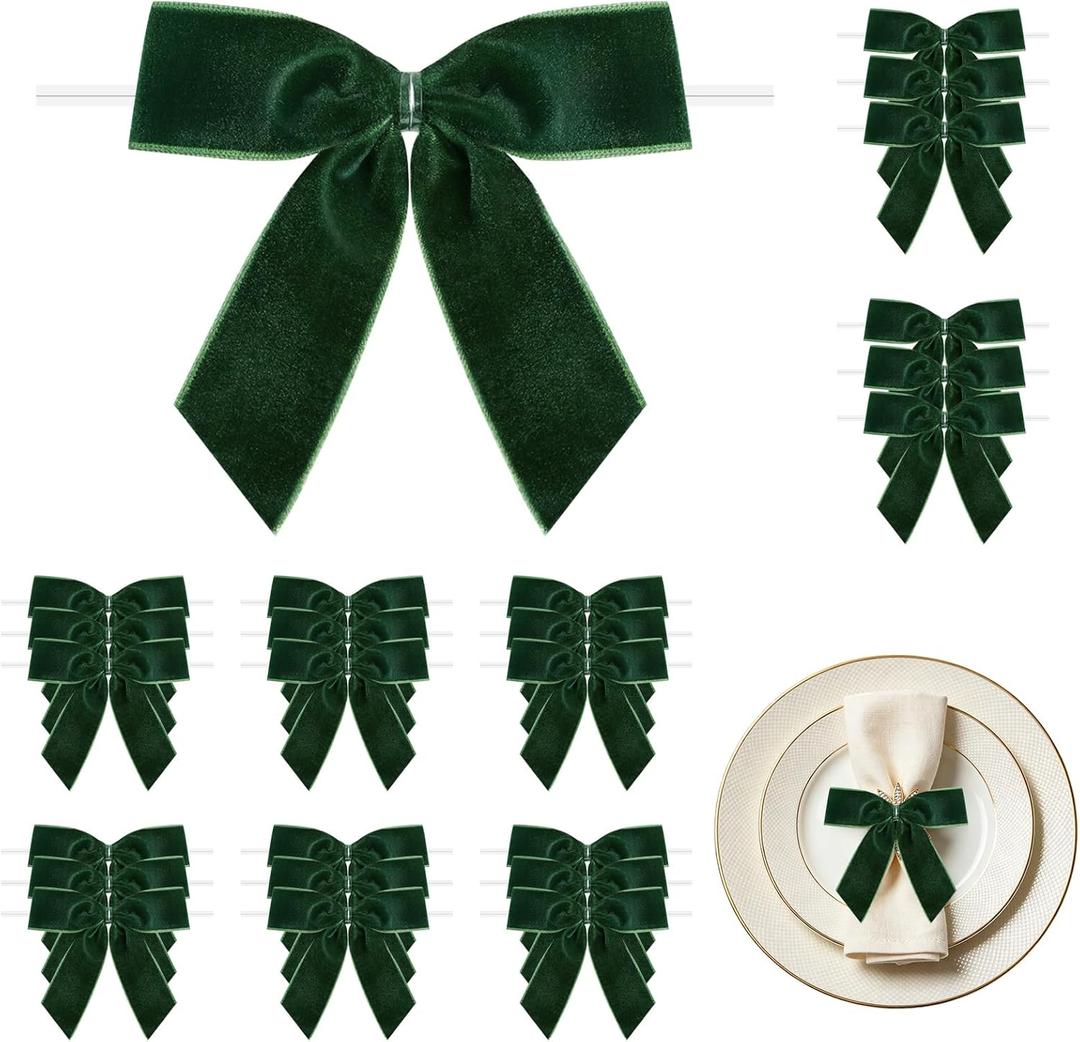 24 Pcs Green Small Velvet Twist Tie Bows, Velvet Ribbon Bows with Clip for Gifts Bag, Gift Wrapping, Crafts, DIY Treat Bags, Home Decor 1" W,3.5 x 3.5 inch