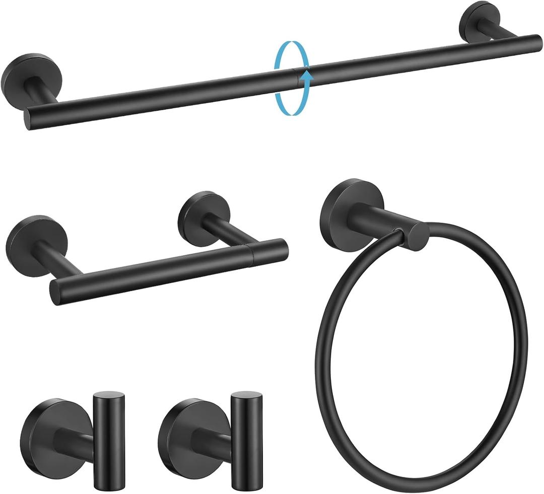 TURS Matte Black 5 Piece Bathroom Hardware Set, SUS304 Stainless Steel Bath Towel Bar Set, 24 Inch Round Bathroom Accessories Kit Wall Mounted TURS Matte Black 5 Piece Bathroom Hardware Set, SUS304 Stainless Steel Bath Towel Bar Set, 24 Inch Round Bathroom Accessories Kit Wall Mounted