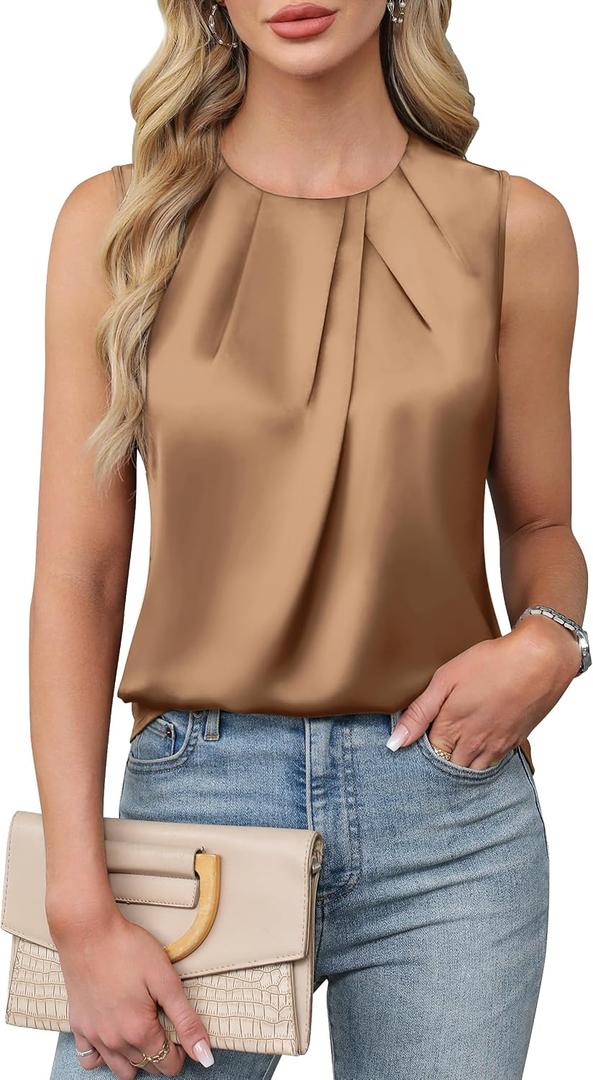 Blooming Jelly Womens Summer Tank Tops Business Casual Outfits Satin Blouse Dressy Work Shirts Spring Clothes, XL
