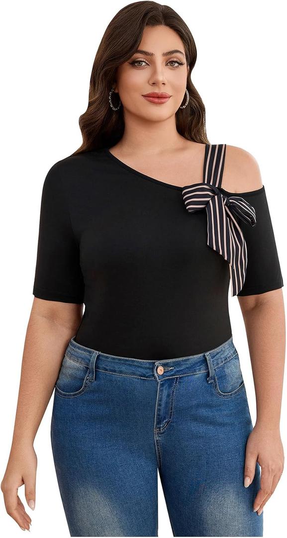 COZYEASE Women's Plus Size Striped Bowknot Cold Shoulder Tee Tops Half Sleeve Slim Fit Casual T Shirt (Black, XXL)