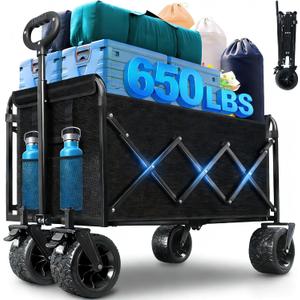 Collapsible Wagon Cart, 650lbs Capacity 300L Folding Utility Wagon with All-Terrain Wheels & Brakes, Heavy Duty Foldable Beach Cart for Groceries, Camping, Sports, Shopping