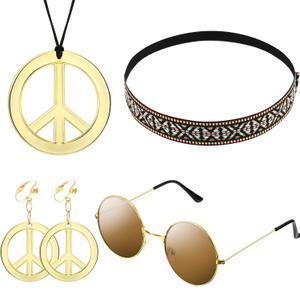 WILLBOND 4 Pcs 70s Accessories Women Hippie Costume Set - Sunglasses, Necklace Earrings, Headband, Outfits for Carnival Halloween 70s 60s Party Accessories