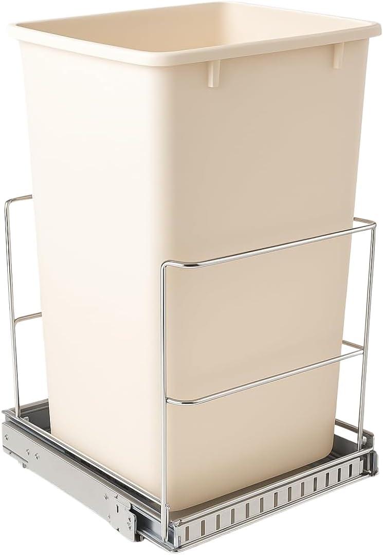Pull-Out Garbage Can for Cabinet 9 Gal (35 Qt) Heavy-Duty Chrome Slide, Smooth Soft-Close Operation, Built-in Garbage Bag Storage Fits 11 Cabinet Opening Bin Not Included