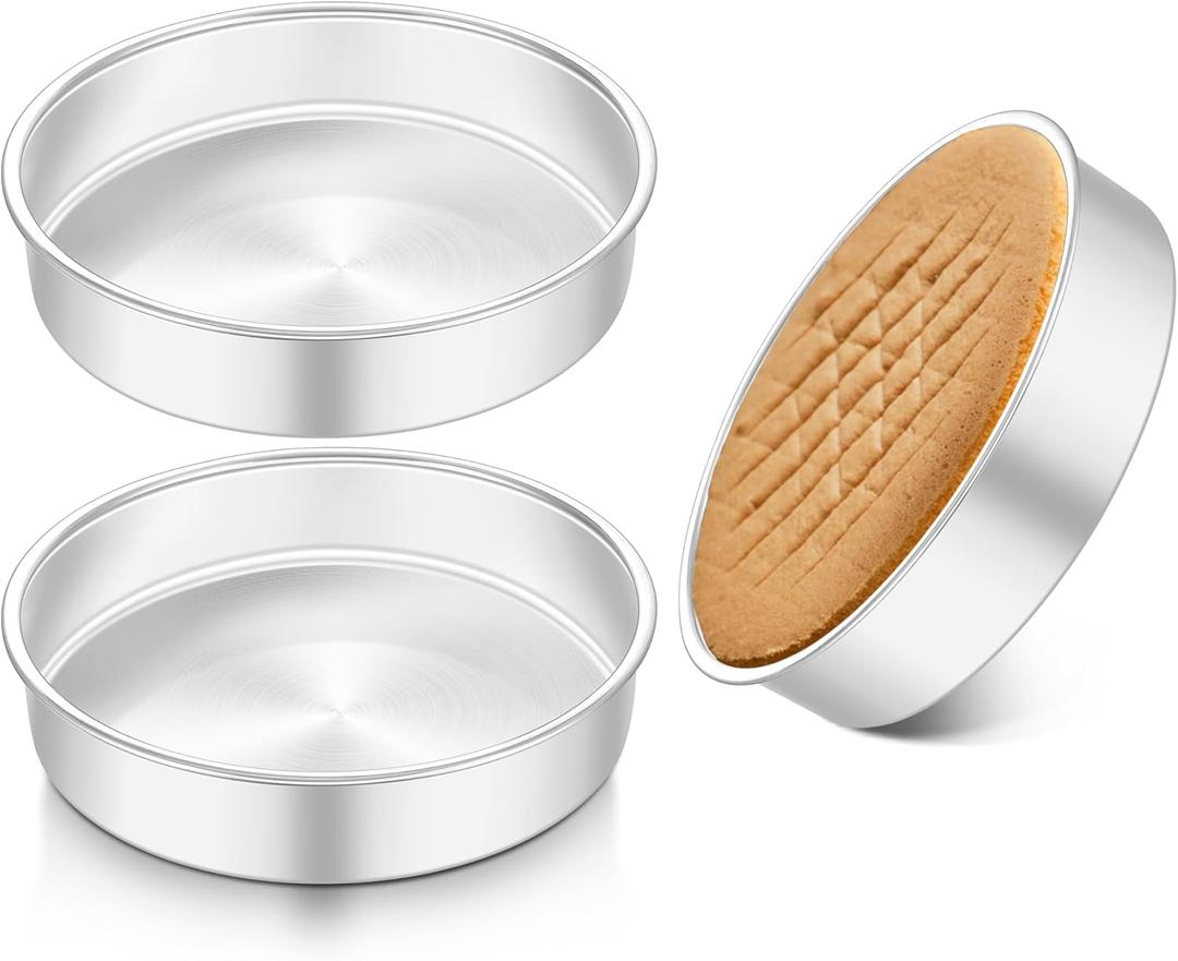 Homikit Round Cake Pan Set of 3, 8 Inch Stainless Steel Layer Cake Tins for Baking, Mirror Finish Bakeware for Wedding Birthday Baby Shower Party, Oven & Dishwasher Safe