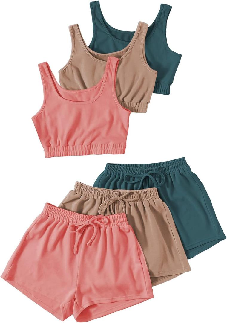GORGLITTER Women's 6 Pieces Going Out Outfits Cute Crop Tank Top and Shorts Sets Summer Vacation Beach Cruise Clothes (Large, Blue Brown Pink)