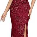 Elegant Long Sequin Formal Dress V-Neck Slit Design, Stretchy Fitted Glamorous, Burgundy, Medium