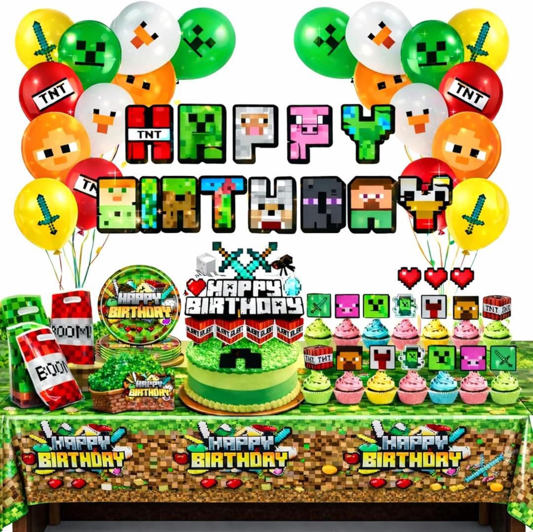 Pixel Game Birthday Party Decorations - Miner Supplies Set Gaming Theme - Including Banner Balloons Tablecloth Plates Toppers Napkins Favor Bags - Mining Bday Pack Craft Decor Kit Boys Girls