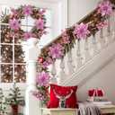 RICHMYC Christmas Flowers Artificial Glitter 24pcs Poinsettia Flowers Berries Christmas Decoration Christmas Tree Ornaments Xmas Wreath Garland Decoration, Pink