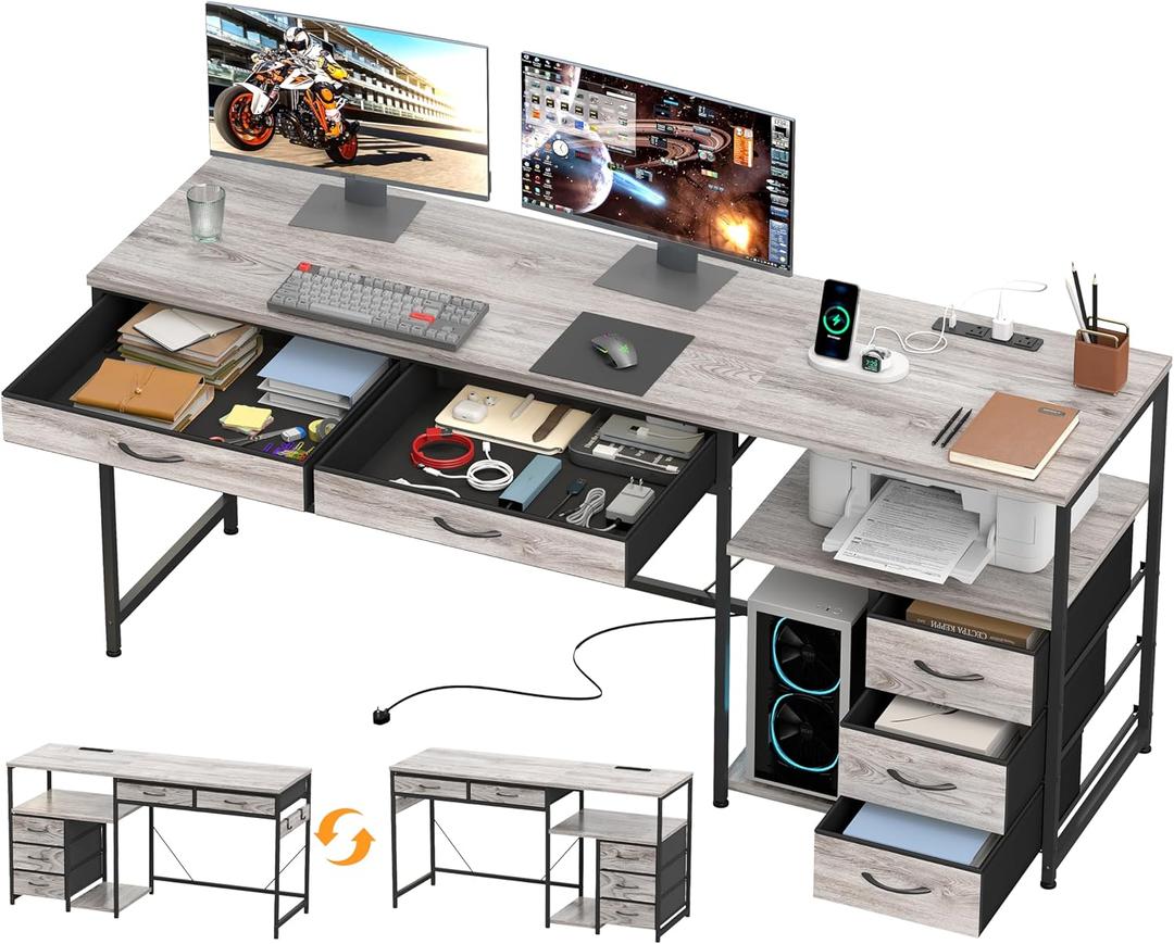 YOSHOOT 60" Computer Desk with 5 Fabric Drawers - Gaming Desk with Storage and Power Outlets, Home Office Desk for Adults and Teenagers Working Writing Study, Grey