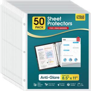 KTRIO Sheet Protector for 3 Ring Binder, Plastic Sleeves for Paper 8.5 x 11 inch, Clear Page Protectors Non Glare, Letter Size, Top Loading, 50 Pack