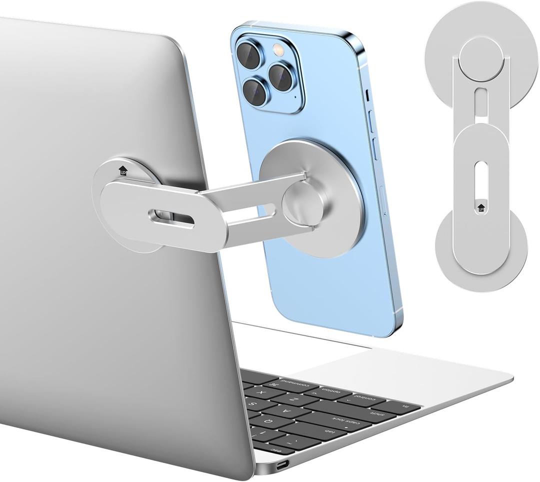 Magnetic Phone Holder for Laptop for MagSafe for iPhone 16/15/14/13/12 & All Phones, 180Adjustable Phone Side Mount for Computer Monitor for Tesla, Desktop Cell Phone Bracket (Silver)