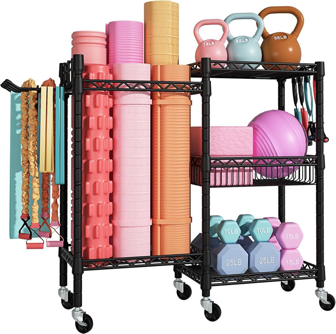 FUTASSI Home Gym Storage, 3 Tiers Workout Equipment Organizer with Wheels for Yoga Mats, Foam Roller, Dumbbells, Kettlebells, and Resistance Bands (Double-Row, Black)