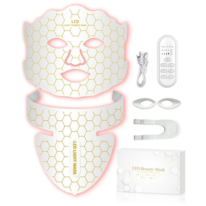 Yahi Red Light Photon Facial & Neck Mask with Remote Control, 7 Custom Modes with Infrared, Portable & Rechargeable with Timer for Home Use, 175 High-Density Light Beads, White