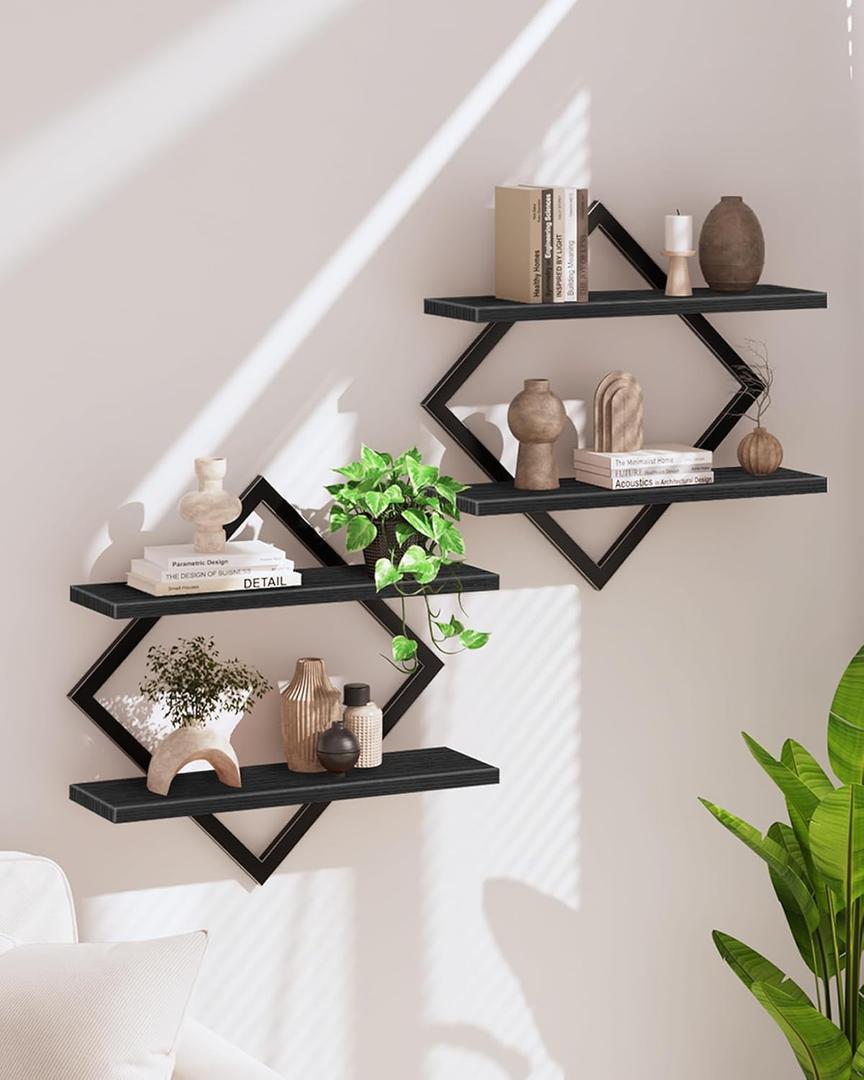 Floating Shelves, Set of 2 Wall Shelves, 2-Tier Hanging Shelves, Wall Shelf Set of 2, Wall Mounted Shelves, for Living Room, Bedroom, Kitchen, Office, Study, Black TBJ01P2BB