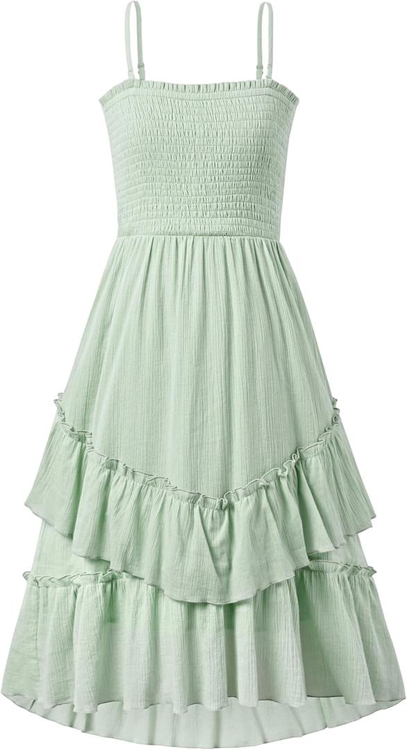 Sunny Spirit Girls Summer Dress for Tween Girl Teen Kids Sundress Maxi Boho Smocked Flowy 2-Way Layered Skirt 5-14 Years (Green)