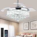 42 Inch Dimmable Fandelier Crystal Chandelier Ceiling Fan Retractable Ceiling Fan with Lights and Remote 6 Speed, 3 Light Change Retractable Chandelier Fan for Bedroom (2003CR)