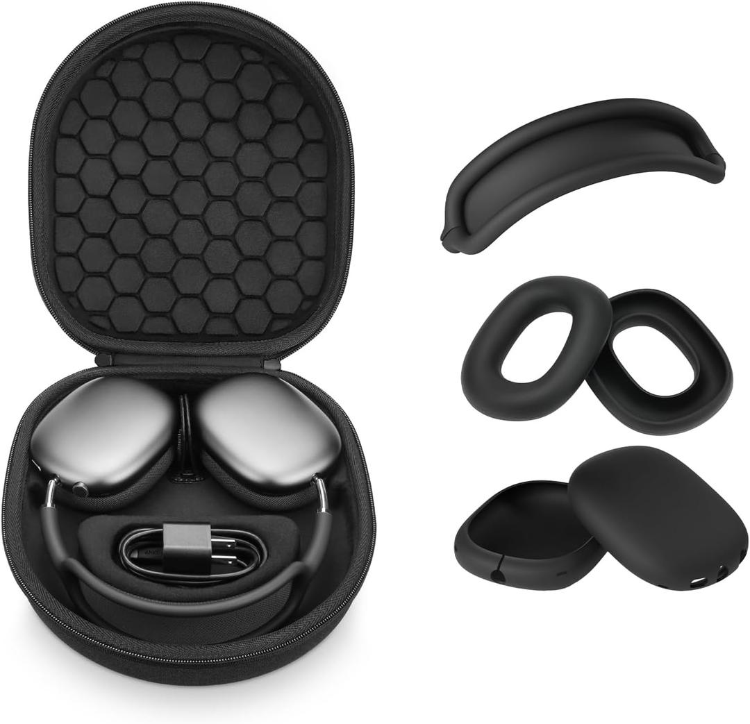 Yinke Smart Case for AirPods Max Headphones Supports Sleep Mode, with AirPods Max Silicone Earpad Cover/Ear Cups Cover and Headband Anti-Scratch Accessories, Hard Organizer Portable Carry Travel (Black, Set 2)