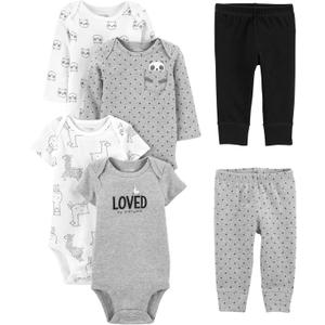 Simple Joys by Carter's unisex-baby 6-Piece Bodysuits (Short and Long Sleeve) and Pants Set, Black/ Grey Text Print/ White Llama/ Panda, 3-6 Months