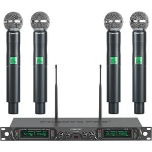 Phenyx Pro Wireless Microphone System, 4-Channel UHF Wireless Mic, Fixed Frequency Metal Cordless Mic with 4 Handheld Dynamic Microphones, 260ft Range, Mics for Singing, Church(PTU-5000-4H)