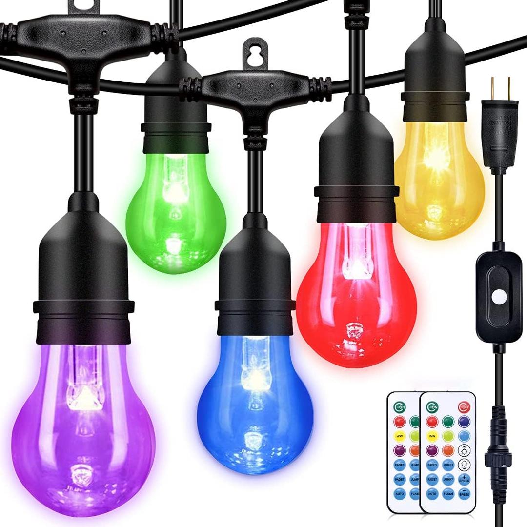 IPStank 35FT Outdoor String Lights, 16 Shatterproof Edison Bulbs, Dimmable RGB Color Changing Patio Lights with Remote. Solar-Powered & Waterproof for Garden Commercial LED Decorative Lighting.