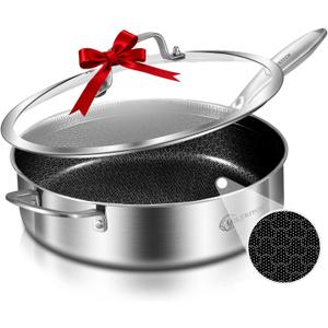 LOLYKITCH 6 QT Hybrid Tri-Ply Stainless Steel Non-Stick Saut Pan with Lid,12 Inch Deep Frying Pan,Large Skillet, Jumbo Cooker, Induction Pan, Oven Safe and Detachable Handle 