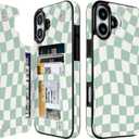Compatible with iPhone 16 Plus Case Wallet with Card Holder, Flip PU Leather Built-in Card Slots, Kickstand and Shockproof Case for iPhone 16 Plus 6.7 inch Women Men (Green Checkerboard)