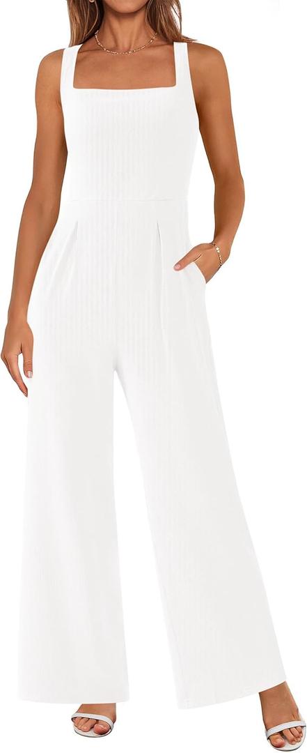 PRETTYGARDEN Summer Sleeveless Jumpsuits for Women Dressy Square Neck Wide Leg Pants Knit One Piece Rompers Fashion Clothing (Medium, White)