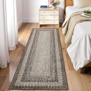 RUGSREAL Runner Rug for Hallway Kitchen Runner Rug 2x10, Machine Washable Long Runner Throw Carpet with Rubber Backing, Stain Resistant Braided Printed Entryway Carpet for Bedroom Living Room, Mocha