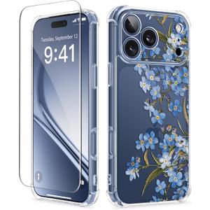 GVIEWIN for iPhone 17 Pro Max Case, with Screen Protector+Full Camera Protection, [NonYellowing] Clear Floral Slim Shockproof Protective Women Phone Case for iPhone 17 Pro Max 6.9", Aconite/Blue