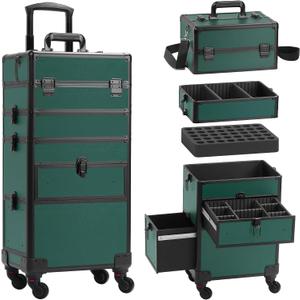 Somduy Rolling Makeup Case with Drawer, Makeup Train Case, 4 in 1Cosmetology Case on Wheels, Christmas Gift, Large Makeup Case Organizers, Profesional Cosmetic Case for Salon Barber, Green (EXP 05/12/27)